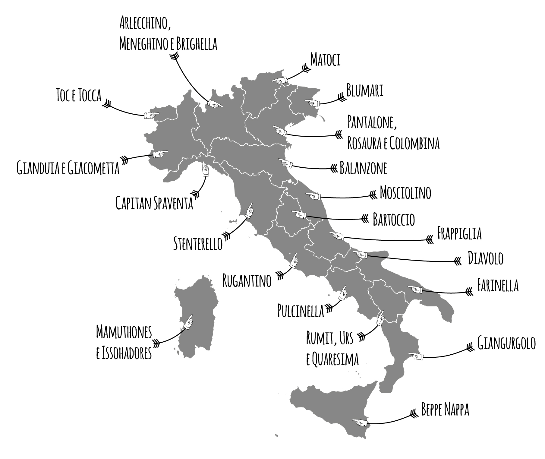 mappa dell'italia con le maschere regionali