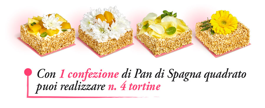 Puoi realizzare 4 tortine quadrate con una confezione di Pan di Spagna Mariarosa