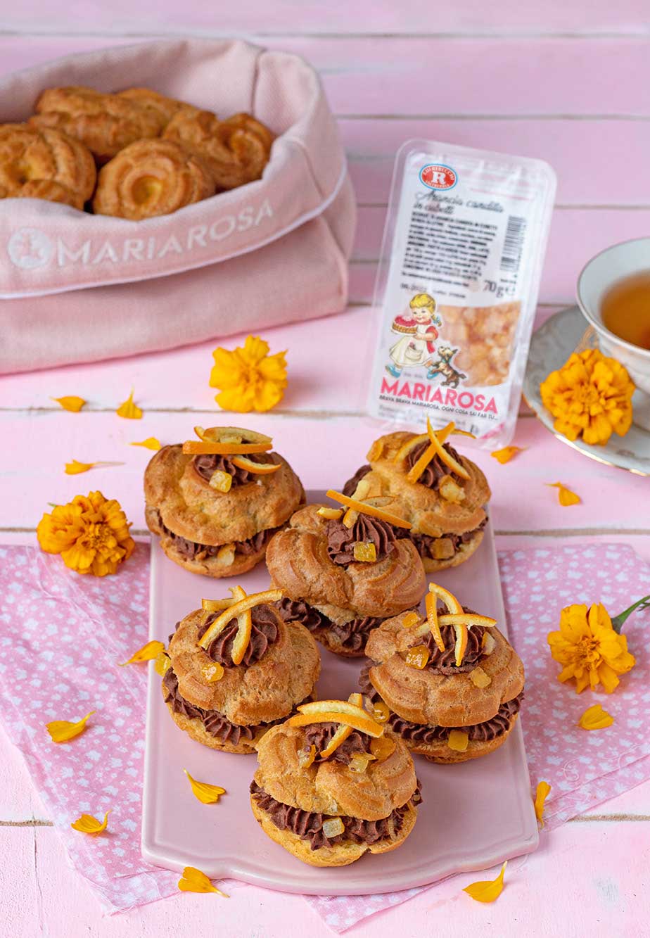 Zeppole con crema al cioccolato e arance candite